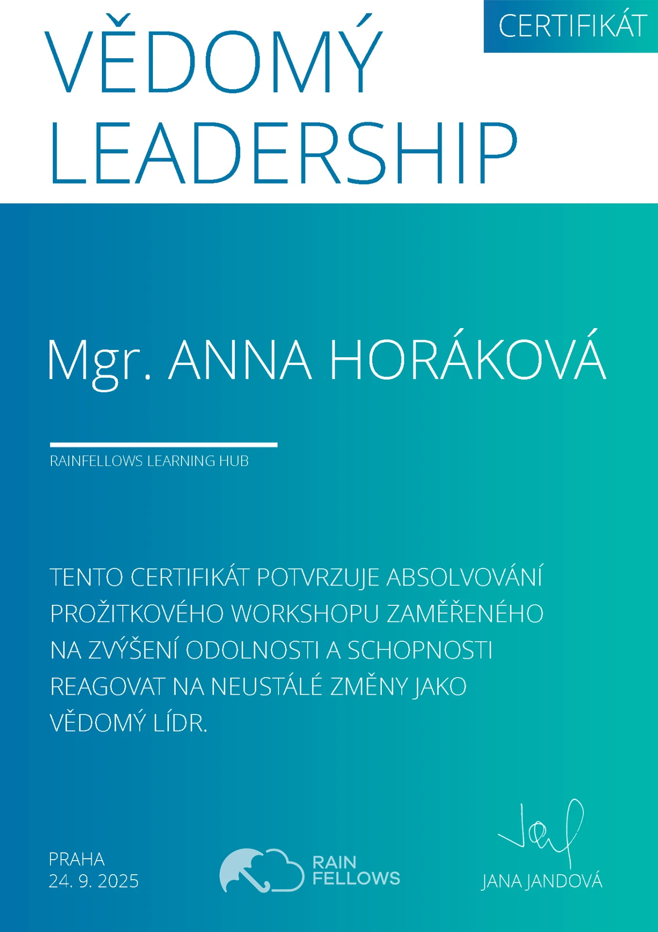 Certifikát Vědomý leadership
