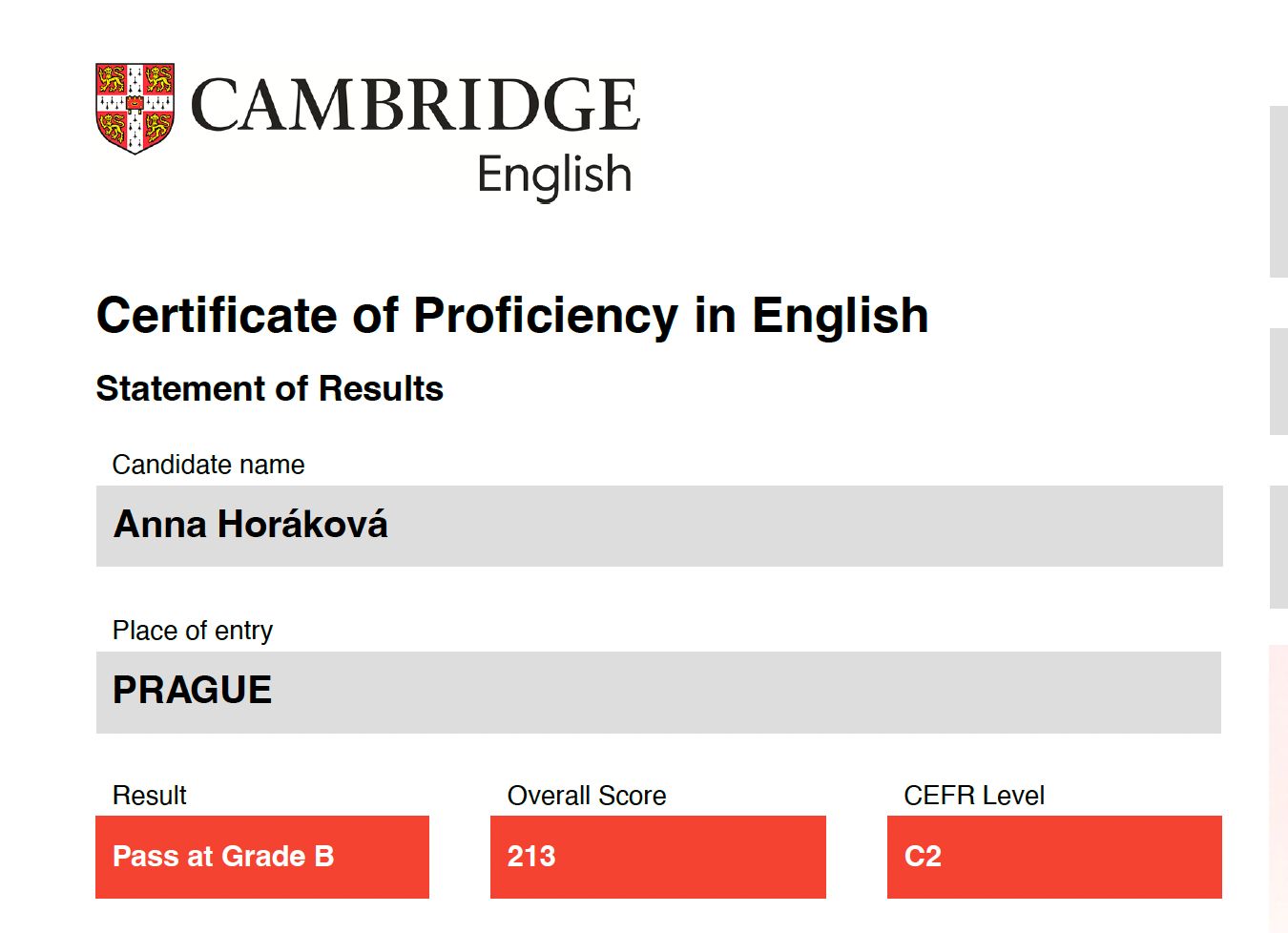 Certifikát Cambridge C2 Proficiency