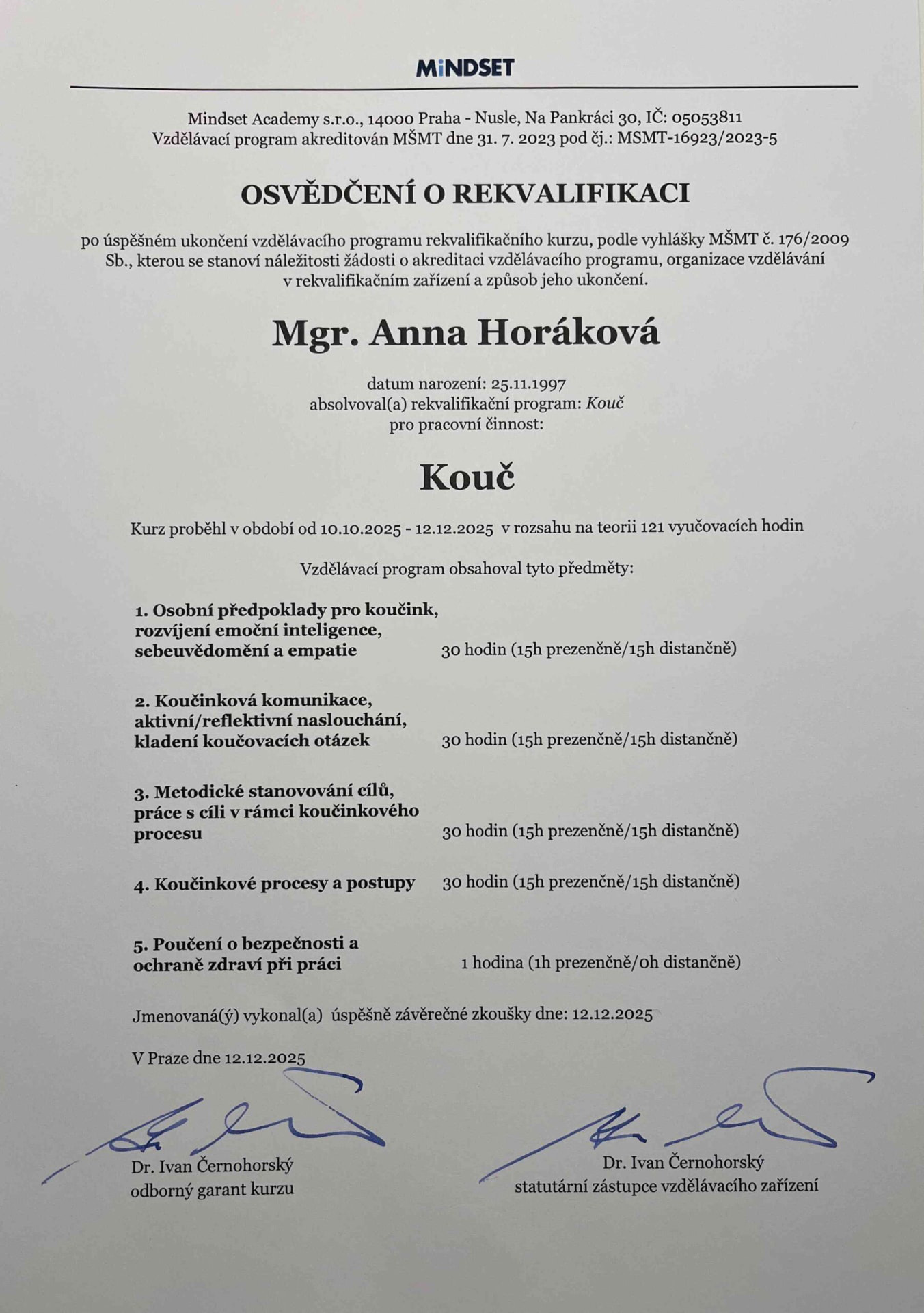 Osvědčení o rekvalifikaci pro pracovní činnost Kouč
